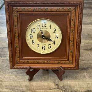 Vintage MCM New Haven Quartz Wall Clock Solid Wood & Bronze Floral Inlay Works
